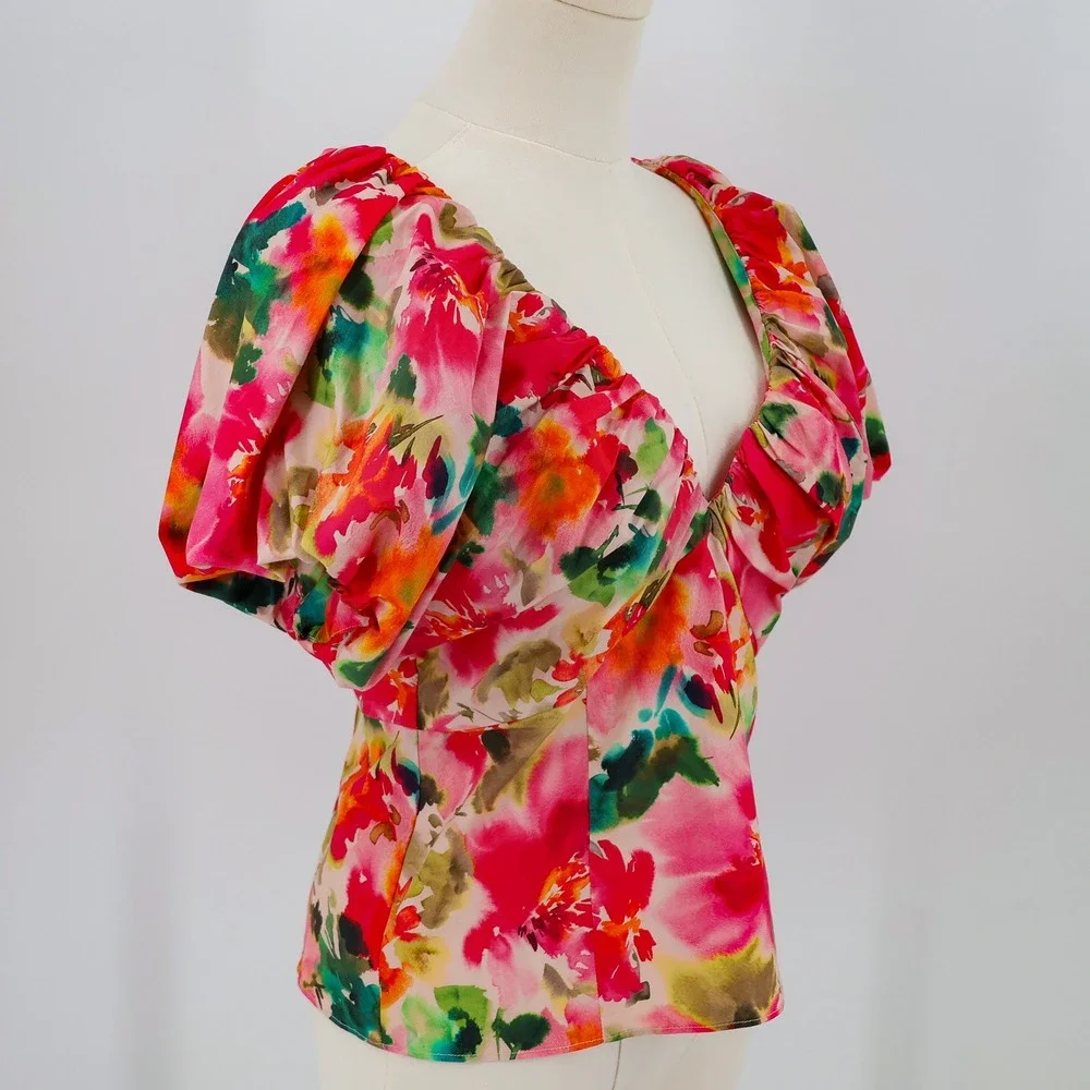 J. Crew Puff Sleeve Top Womens Floral V-Neck Bow Back Size 6 Pink Made in India